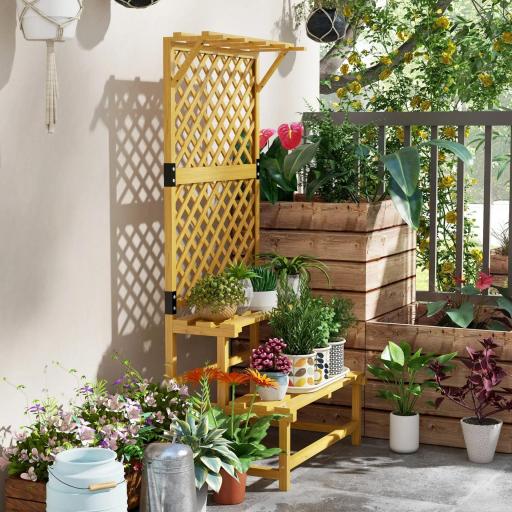 Soporte para Plantas de 2 Niveles con Celosía Enrejado con 2 Estantes de Madera para Jardín Terraza 75x50x166 cm Natural [4]