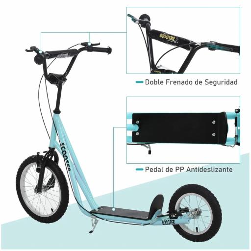 Scooter Patinete para Niños Mayores de 5 Años con 2 Neumáticos de Caucho Inflable con Doble Freno Manillar Ajustable en Altura Soporte 100 kg 135x58x88-94 cm Azul [2]