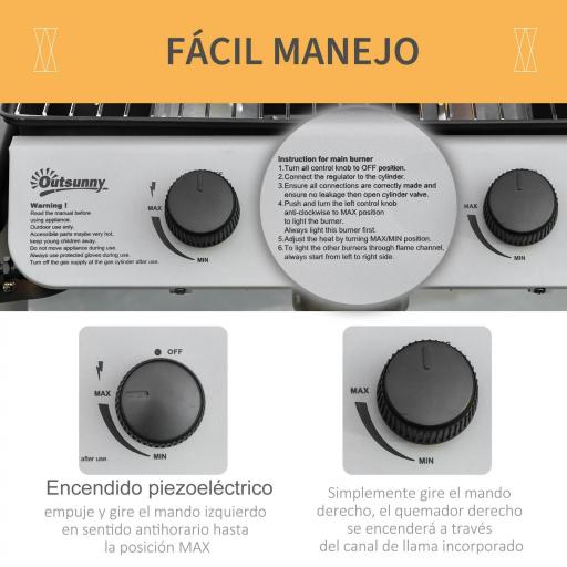 Barbacoa de Gas con 2 Quemadores 5,6 KW 2 Ruedas 2 Mesas Laterales y Parrillas de Acero 104x49x99 cm Negro [9]