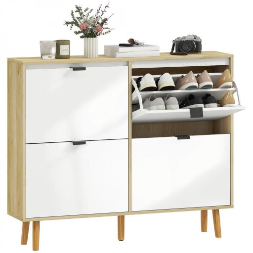 Zapatero Estrecho con 4 Puertas en Blanco Brillo Estantes Ajustables Patas de Madera para 20 Pares de Zapatos [10]