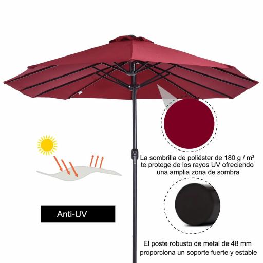 Sombrilla Doble para Jardín 455x265x238 cm Parasol Grande con Manivela Manual Protección Solar Color Rojo Vino [2]