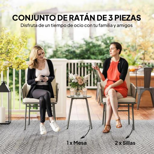 Conjunto de Muebles de Jardín de Ratán Sintético con 2 Sillas con Cojines Extraíbles y Mesa con Tablero de Metal Gris [2]
