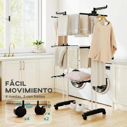 Tendedero de Ropa Plegable con Ruedas 3 Niveles con Alas Plegables y Colgadores 73x64x172 cm Negro y Blanco [5]