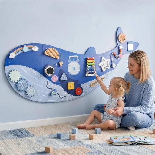 Tablero Sensorial Montessori Tema Ballena Busy Board Panel Sensorial Montessori 13 en 1 para Niños +2 Años Azul [7]