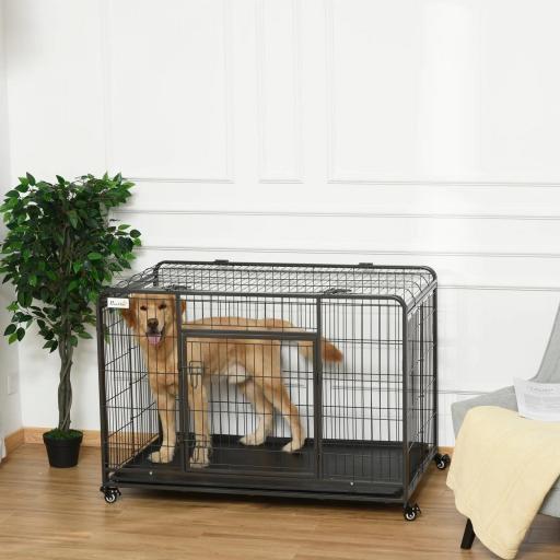 Jaula para Perros Plegable de Metal Jaula para Perros Grandes 125x76x81 cm con Ruedas y Frenos Bandeja Extraíble y Puerta con Pestillos para Golden Retriver Labrador Gris Oscuro