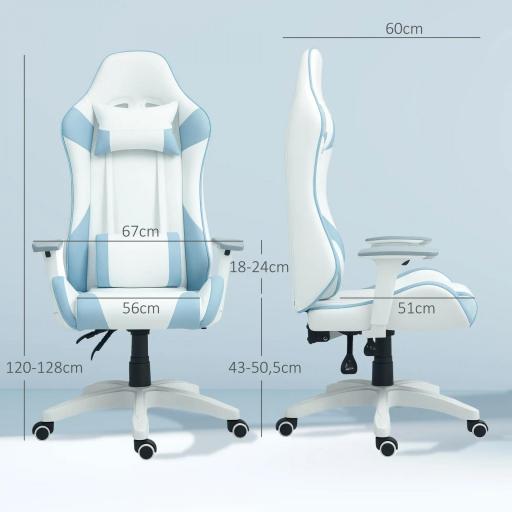 Silla Gamer con Cojín Lumbar Reposabrazos Ajustable Reposacabezas Extraíble y Altura Ajustable 67x60x120-128 cm Azul [5]