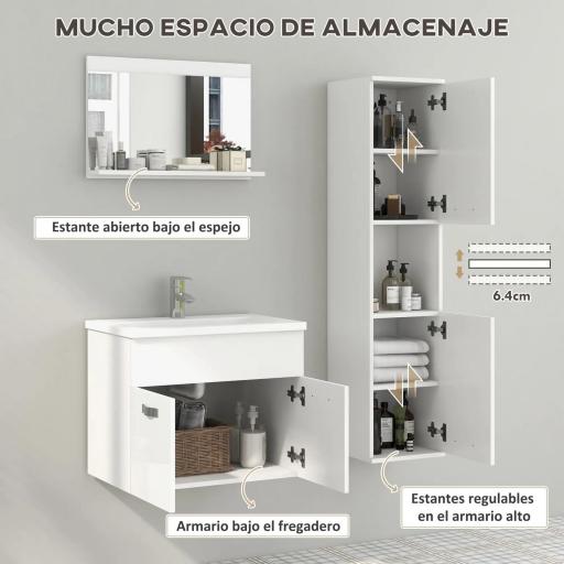 Conjunto de Muebles de Baño de Pared 3 Piezas Incluye Espejo Armario con Lavabo Cerámico y Columna de Baño Blanco [7]