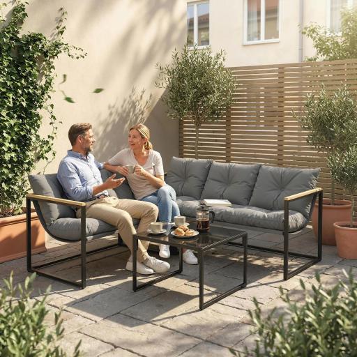 Conjunto de Jardín Exterior con Cojines Gruesos 2 Sofás de 2 Plazas Sofá de Esquina y Mesa de Centro de Vidrio Gris [3]