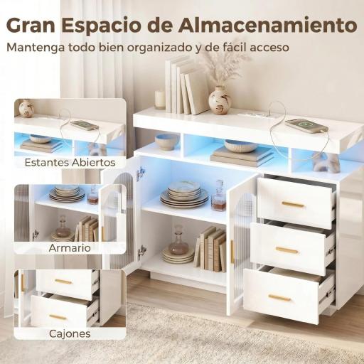 Aparador con LED RGB de 7 Colores Tomas Puertos USB 3 Cajones Estantes Abiertos 2 Puertas 100x35x80 cm Blanco Brillante [5]