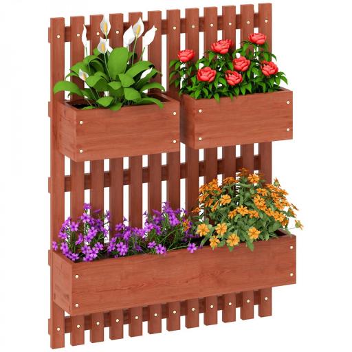 Jardinera de Pared de Madera con Enrejado y 3 Macetas Móviles para Jardín Terraza Patio 60x16x80 cm Marrón [9]