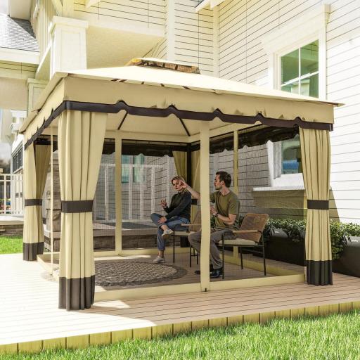 Cenador de Jardín 3,7x3 m con Doble Techo 4 Cortinas y Mosquitera Marco de Acero Orificios de Drenaje UV30+ Beige [3]