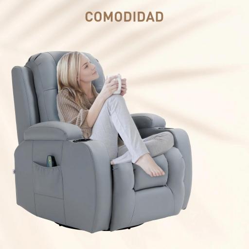 Sillón de Masaje Reclinable con 8 Puntos de Masaje Función de Calefacción Giratorio Mando a Distancia 85x94x104 cm Gris [5]