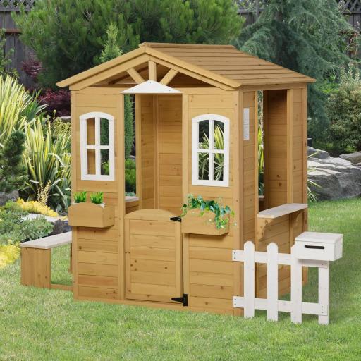 Casita Infantil Exterior de Madera con Buzón Ventanas Jardinera Mostrador y Banco para Niños a Partir de 3 Años Natural