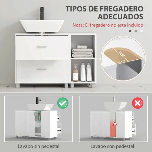 Mueble Bajo Lavabo Mueble de Baño con 2 Cajones y 2 Estantes Abiertos para Lavabo con Pedestal 90x30x60 cm Blanco [6]