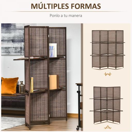 Biombo de 4 Piezas de Bambú Biombo Separador de Ambientes Plegable con 2 Estantes Extraíbles Divisor de Habitaciones Dormitorio 180x180 cm Marrón [2]