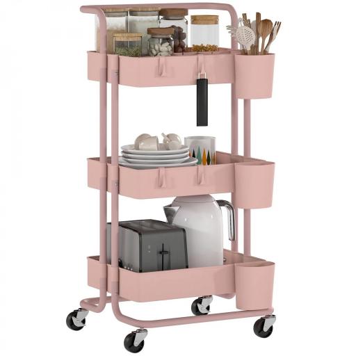 Carrito Auxiliar con Ruedas Carro de Almacenaje Multifuncional con Ganchos y Cajas Colgantes 42x38x86,5 cm Rosa [2]