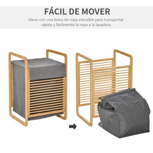 Cesto para Ropa Sucia de Bambú Cesto Rectangular de Ropa Portátil con Tapa y Bolsa Extraíble Mueble de Baño Dormitorio 40x35,5x60,5 cm Color Natural y Gris [2]