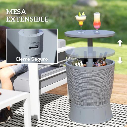 Mesa Nevera para Exterior 41 L 3 en 1 Cool Bar Mesa Auxiliar con Altura Ajustable Cubo de Hielo Tapa Elevable Gris [4]