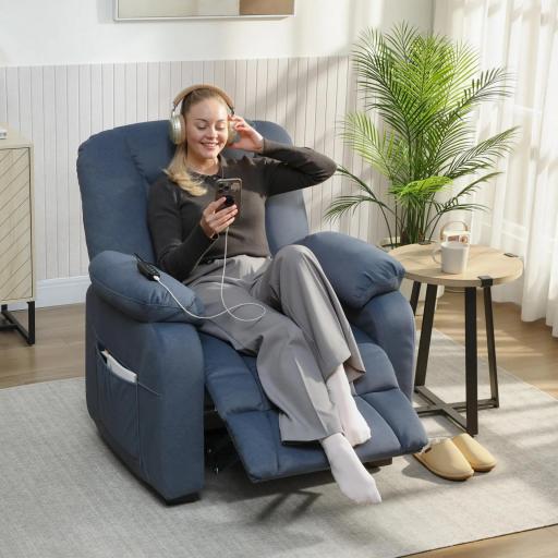 Sillón Relax Reclinable Eléctrico Silencioso con Función Memoria Reposapiés Mando a Distancia Bolsillos Laterales Azul