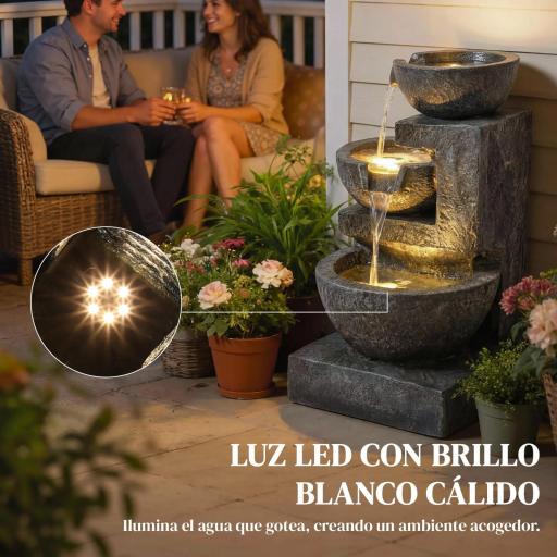 Fuente de Jardín con Iluminación LED y Bomba Fuente Decorativa en Cascada de 3 Niveles 40x37x61 cm Multicolor [7]