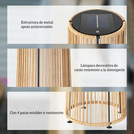 Farola Solar Exterior de Ratán Sintético con Luces LED Encendido y Apagado Automático Impermeable Ø21,5x61 cm Natural [5]