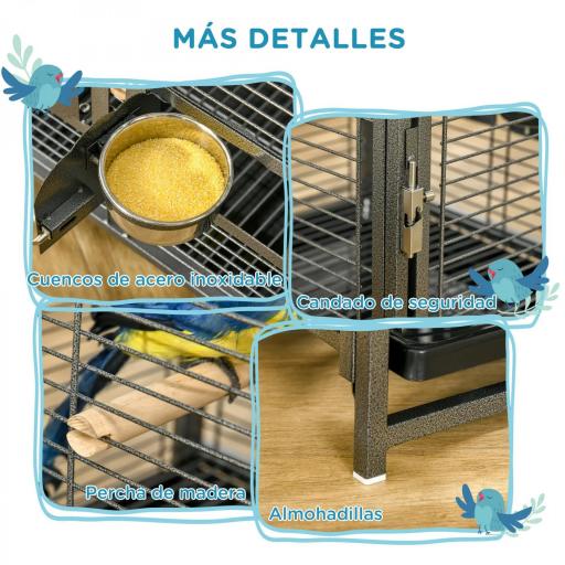 Jaula para Pájaros Portátil con 2 Perchas de Madera 2 Comederos y Bandeja Extraíble 48x38x47,8 cm Negro [4]