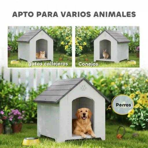Caseta para Perros Exterior Casa para Perros Grandes de Plástico con 2 Ventanas Base Elevada Estacas Gris [7]