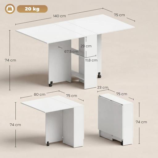 Mesa Plegable de Comedor con Ruedas Alas Abatibles y Estantes para 4-6 Personas 75x140x74 cm Blanco [1]