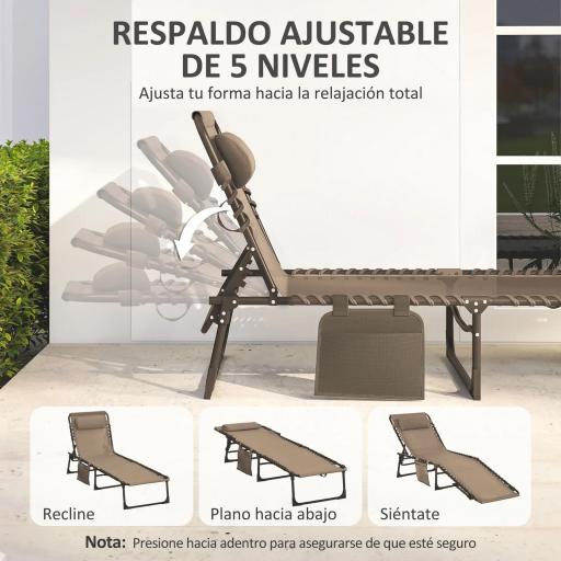 Tumbona Plegable con Respaldo Ajustable Reposacabezas Acolchado y Estructura de Acero para Exterior 189x58x30 cm Marrón [2]