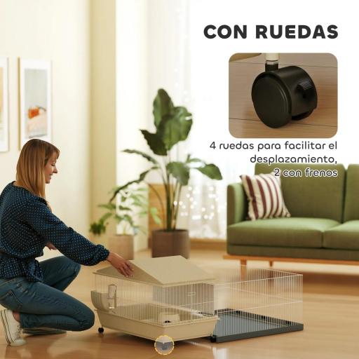 Jaula para Animales Pequeños con Corral Desmontable Cuenco Botella de Agua y Dispensador de Heno 108x71x57 cm Beige [6]