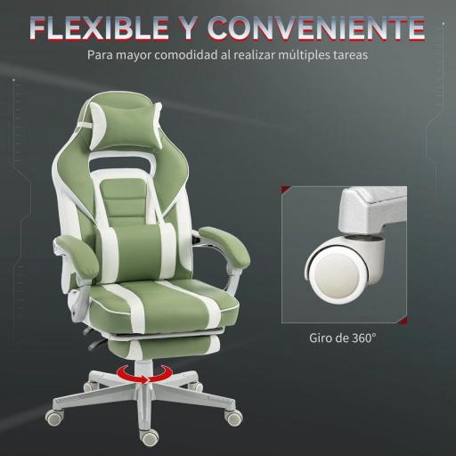 Silla Gamer Reclinable con Altura Ajustable Reposapiés Retráctil Soporte Lumbar y Reposacabezas Desmontable Verde [3]