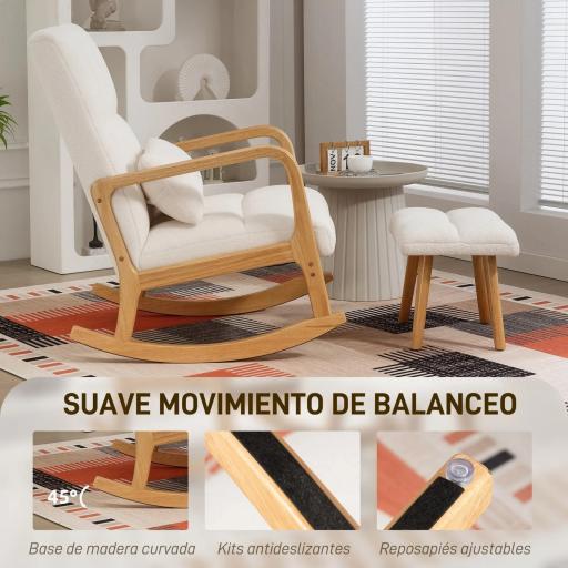 Silla Mecedora con Reposapiés Tapizado en Bouclé Cojín Acolchado y Reposabrazos y Patas de Madera Carga 120 kg Blanco [2]
