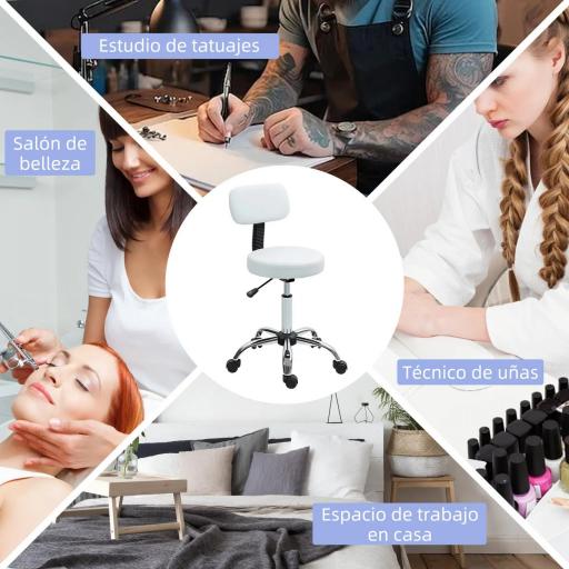 Taburete Giratorio con Respaldo y Ruedas Altura Regulable para Salones de Belleza Estudio de Tatuajes Blanco [5]