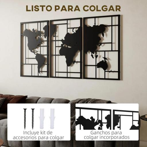 Decoración de Metal para Pared de Mapa Mundial de 3 Piezas para Salón Dormitorio Pasillo Negro [5]