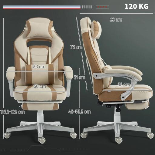 Silla Gamer Reclinable con Altura Ajustable Reposapiés Retráctil Soporte Lumbar y Reposacabezas Desmontable Crema [4]
