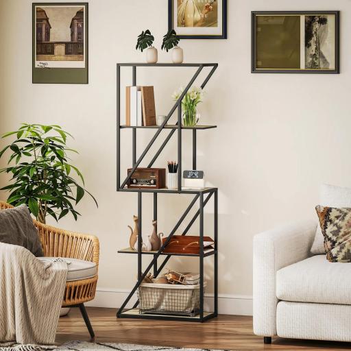 Librería de 5 Niveles Estantería para Libros Industrial con Estantes Abiertos y Marco de Acero 60x30x165 cm Roble [4]