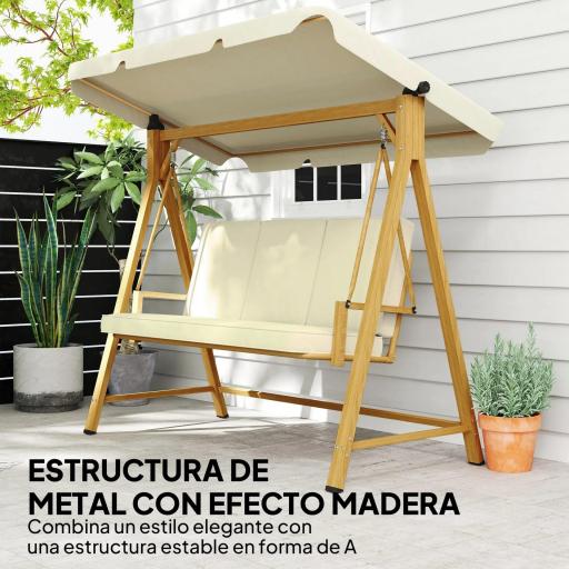 Columpio de Jardín con Toldo Ajustable para Tres Personas Estructura Metálica y Cojines 195x120x170 cm Beige [2]