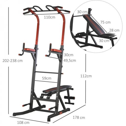 Estación de Musculación Torre de Entrenamiento con Altura Ajustable y Respaldo Regulable en 5 Posiciones Barra de Dominadas Fitness Flexiones Acero 108x178x202-238 cm Negro [1]