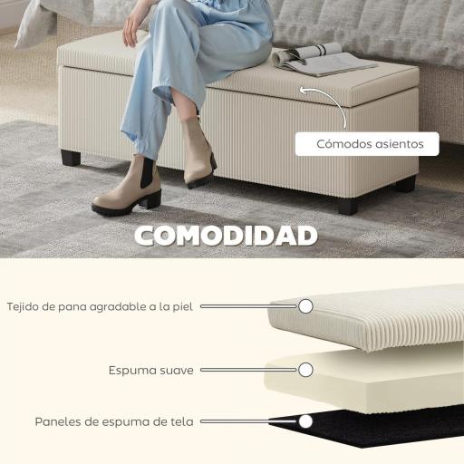Banco Almacenaje Capacidad de 84 L 112x42x40cm Tapizado en Pana Pie de Cama para Sala de Estar Dormitorio Beige [5]