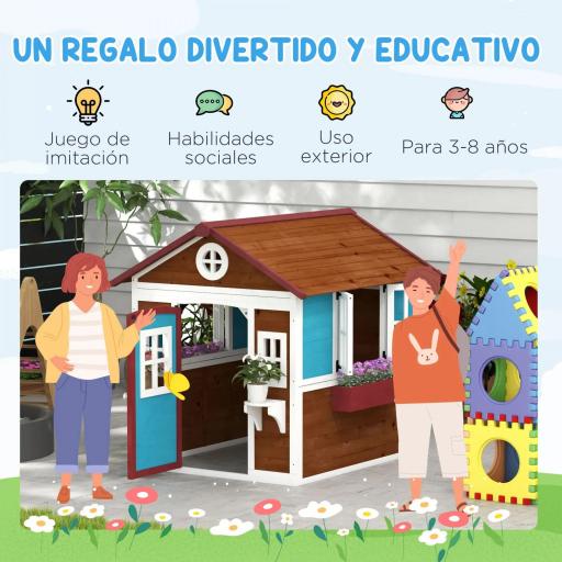 Casita de Madera Infantil con Puerta Ventanas Jardineras y Repisas con Detalles de Color 114x126,4x135 cm Marrón Oscuro [5]