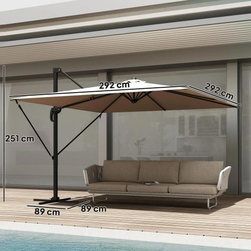Parasol Excéntrico 2,9x2,9 m de Aluminio con Manivela Inclinación Ajustable Giratorio 360° Base Cruzada y Funda Caqui [1]