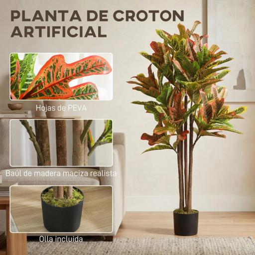 Crotón Artificial 120 cm Planta Artificial Decorativa con Maceta y Hojas para Decoración del Interior Multicolor [5]