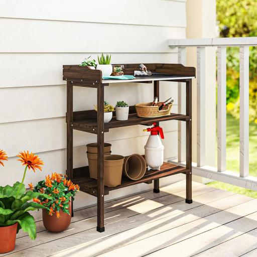 Mesa de Jardinería de Madera con Superficie Metálica Estantes y Ganchos para Jardín Terraza 76x37x89 cm Carbonizado [5]