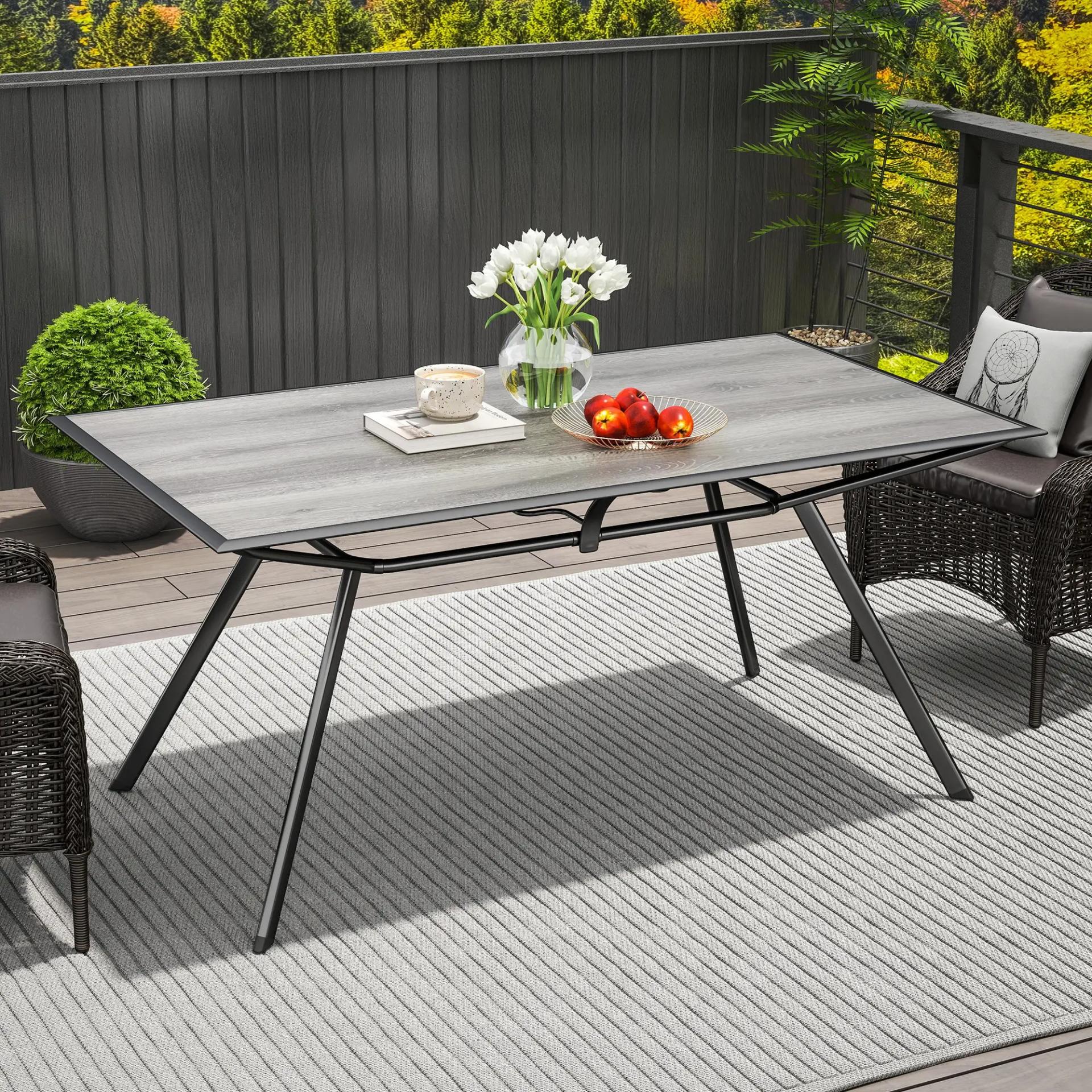 Mesa de Comedor de Exterior con Encimera Imitación Madera para 6 Personas con Estructura de Acero 160x90x73 cm Gris