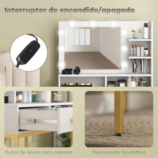 Tocador de Maquillaje con Luz y Taburete Mesa de Maquillaje con 2 Cajones y Estantes de Almacenamiento Blanco [4]
