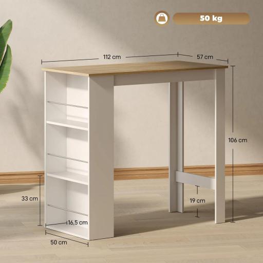 Mesa de Bar Mesa de Bistró Mesa de Comedor Mesa Alta con 3 Estantes Laterales y Estructura de Madera 112x57x106cm Blanco [1]