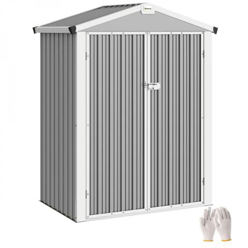 Cobertizo de Jardín Exterior 1,1 m² 133x87x178 cm con 2 Puertas Correderas Techo Inclinado y Guantes Gris Plateado [8]