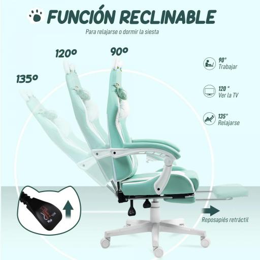 Silla Gamer Reclinable con Altura Ajustable Reposapiés Retráctil Soporte Lumbar y Reposacabezas Desmontable Verde Menta [6]