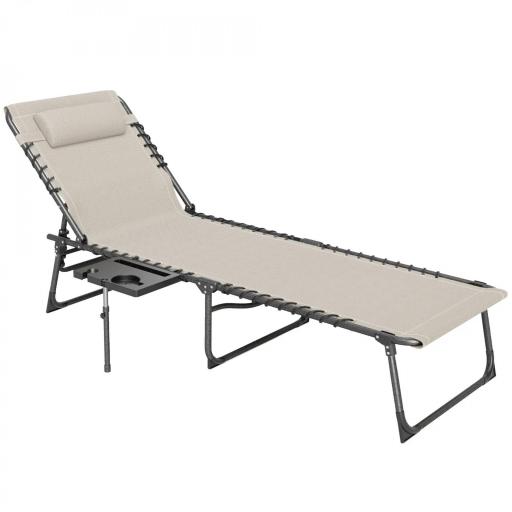 Tumbona Plegable con Respaldo Ajustable Reposacabezas Bolsillo Lateral Bandeja y Estructura de Acero 190x60x31 cm Crema [8]