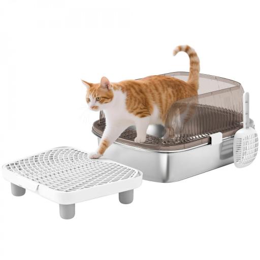 Arenero para Gatos Cubierto con Bandeja de Acero Inoxidable Bordes Altos Pala Peldaño y Zona para Caída de Arena Gris [9]